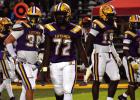Lutcher Bulldog defenders Caden Parquette (#72), Brody Louque (#39), Dale Smith (#18), Tariot Snowden (#8) and Chad Carter (#31) played a tough game against Opelousas but could not stop the Tiger rushing attack in the second half. Lutcher fell 26-10. Opelousas Rushing Attack Too Much For Bulldogs To Handle