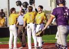 Landon Gravois (#8) celebrates at home plate with teammates Liam Cazenave (#13) and Braden Scioneaux (#1) after smacking a three-run home run over the left field fence in the bottom of the first inning. Photo by Oliver Hooker Landon Gravois (#8) celebrates at home plate with teammates Liam Cazenave (#13) and Braden Scioneaux (#1) after smacking a three-run home run over the left field fence in the bottom of the first inning. Photo by Oliver Hooker