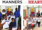Nichole Jagneaux, Zen-Noh Grain Human Resources Coordinator, Melvin Fenroy, Human Resources Manager, and Wise Ol’ Wilbur, Mastermind of Manners of the Heart, congratulate students on their accomplishments at St. Louis Academy (left) and Vacherie Element Community Champion Of Respect