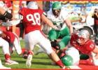 Against North Dakota last Saturday in Thibodaux, Sully Laiche (#55) forces a strip/sack fumble near the North Dakota goal line. The turnover led to a Colonel touchdown and a 10-0 lead in the second quarter. Photo by David Dufresne