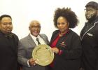 Gueast speaker/Gonzales Mayor Tim Riley accepts a token of thanks from St. James NAACP members Rondell Joseph, Herbrena Boudreaux and Shanrick Burns. Gueast speaker/Gonzales Mayor Tim Riley accepts a token of thanks from St. James NAACP members Rondell Joseph, Herbrena Boudreaux and Shanrick Burns.