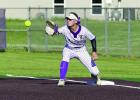 Lady Bulldog first baseman Alyah Kahl stretches a bit to catch a ball thrown to first base.