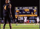 St. James receiver Kobe Brown awaits a kickoff in last Friday’s season opener against East St. John. Brown had two excellent kickoff returns and caught six passes for 106-yards and a touchdown. St. James led by 20 at the end of the first quarter, but ES East St. John Scratches And Claws Back From 20-point Deficit To Edge Out St. James 41-40